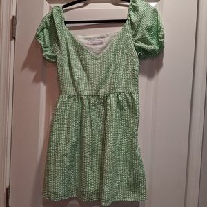 UO Gingham Seersucker Mini Dress Green Small